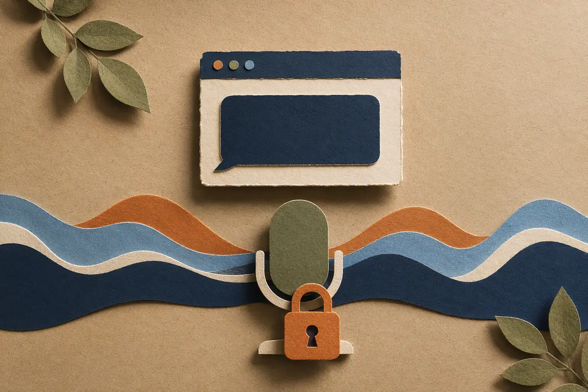 Paper-cut illustration of a caption panel, microphone, sound waves, and a lock.